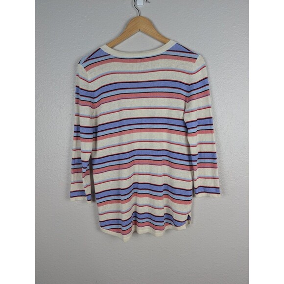 Talbots Womans Linen Blend Split Neck Sweater Striped Ivory Sz Small Coastal 141 - Picture 4 of 9